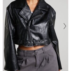 Lioness Black Faux Oversized Crop Leather Jacket